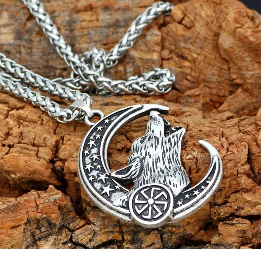 Silver Wolf Moon Pendant Necklace